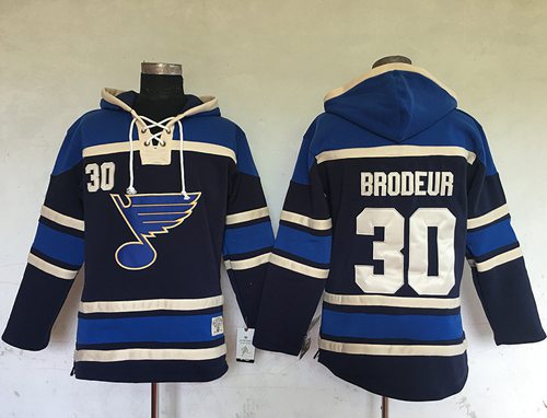 Blues #30 Martin Brodeur Navy Blue Sawyer Hooded Sweatshirt Stitched NHL Jersey - Click Image to Close